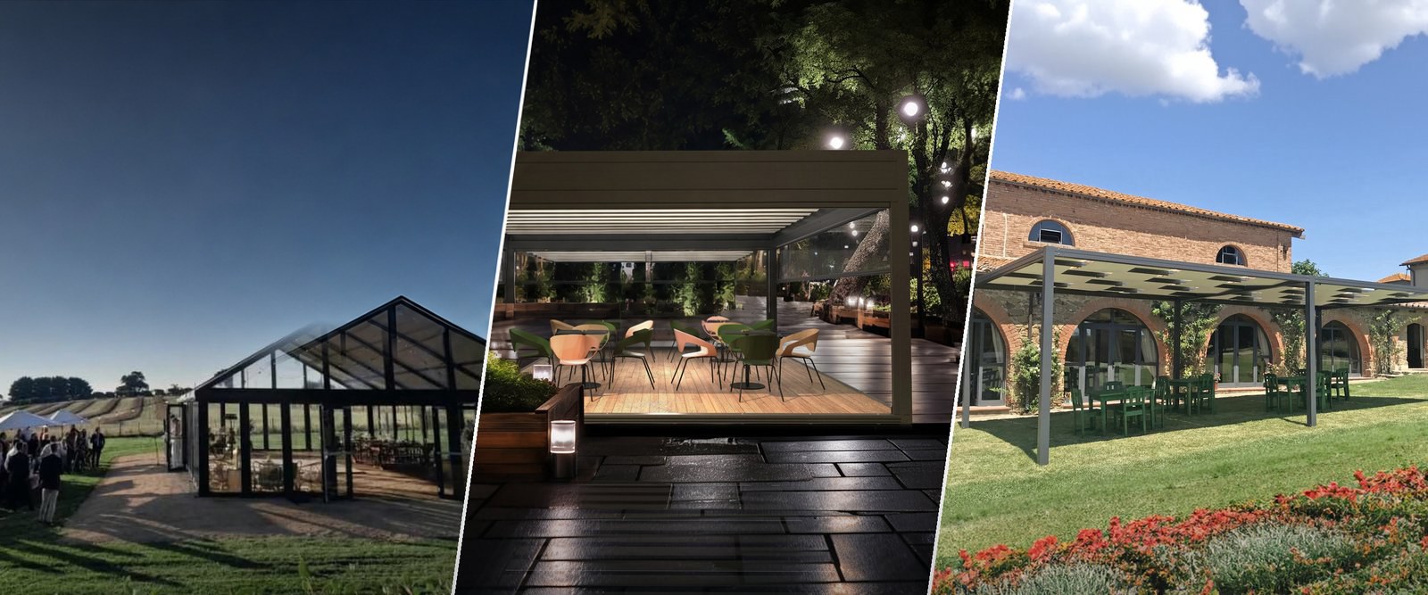 Event šator, natkrivena terasa s pergolom i pergola uz objekt